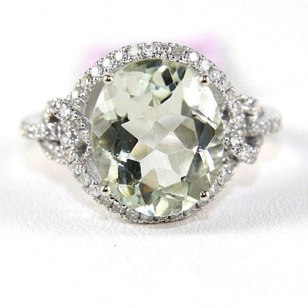 Oval Green Amethyst & Diamond Ring 14k WG 4.80Ct
